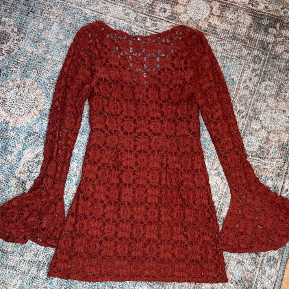 Free People Terracotta Lace Crotched Mini Dress Bell Sleeves Slim Fit -2 - Picture 13 of 14
